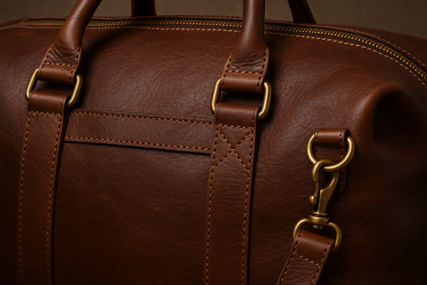 Close-up detail of brass fittings and leather