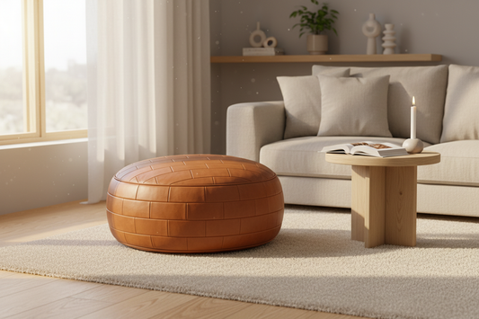 Leather Patchwork Pouf in Cozy Living Room