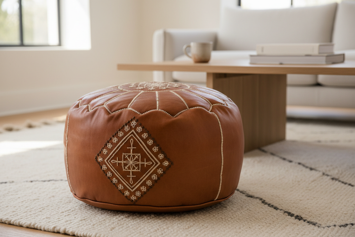Cognac Moroccan leather pouf with hand-stitched geometric patterns shown as functional seating