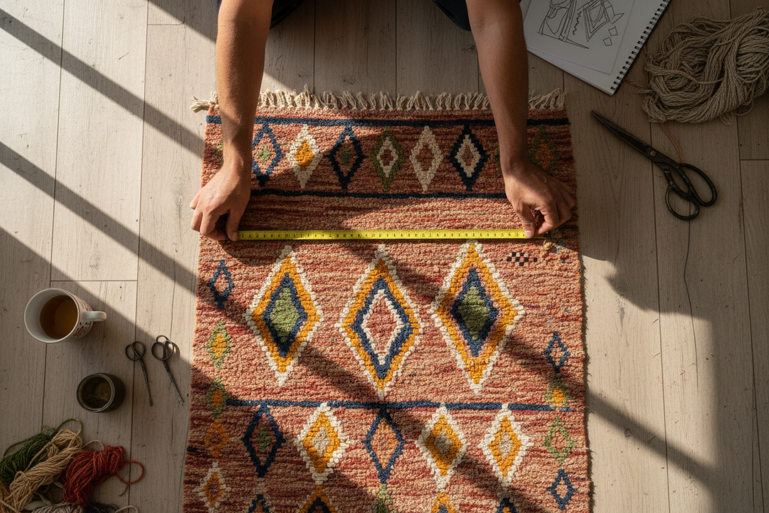 Artisan measuring a custom Moroccan kilim rug on a wooden floor