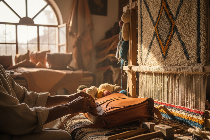 Moroccan artisan hands weaving leather and rug in a traditional workshop