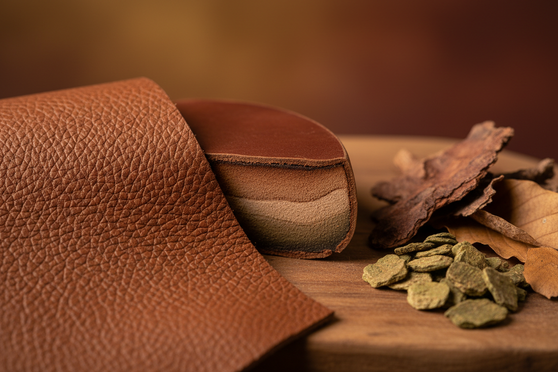 Full-grain leather surface texture with vegetable tannin bark showing tanning process