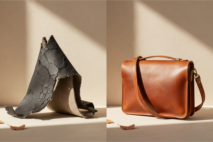 Cracked peeling vegan PU leather compared to aged full-grain vegetable-tanned leather bag with patina