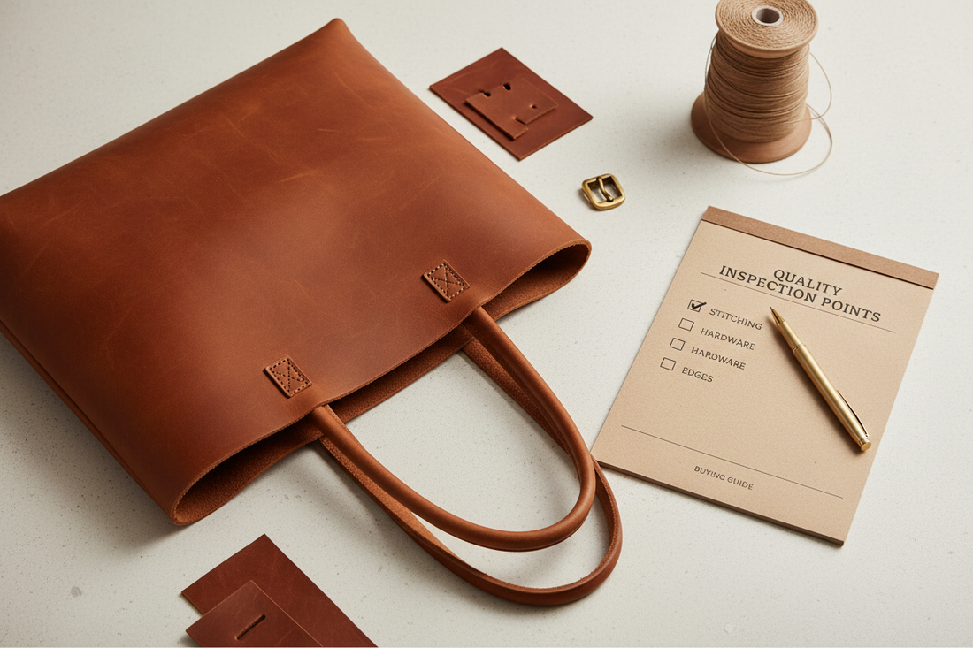 Full-grain leather bag with quality inspection checklist showing stitching and hardware