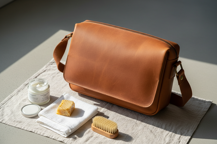 Leather bag care kit with conditioner, beeswax, soft cloth, and brush beside cognac bag