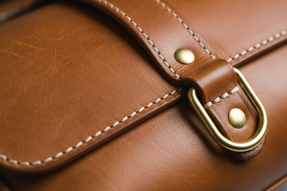 Close-up of full-grain vegetable-tanned leather bag showing stitching and edge finishing detail