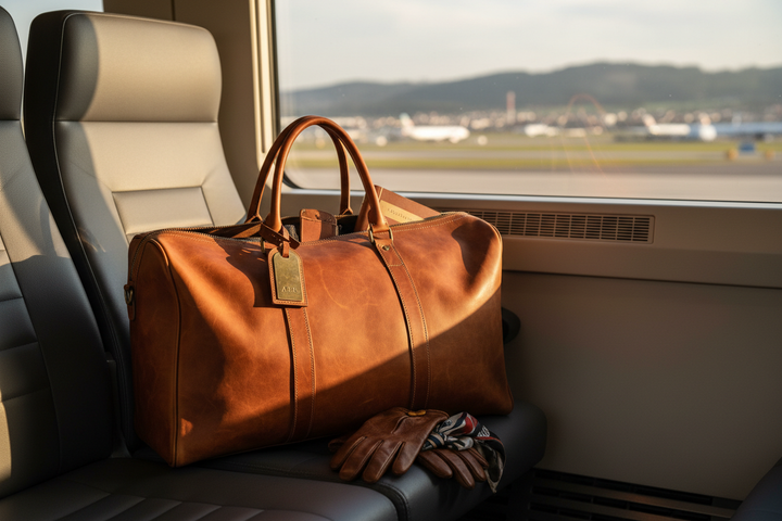 Full-grain leather holdall bag with rich patina ready for travel