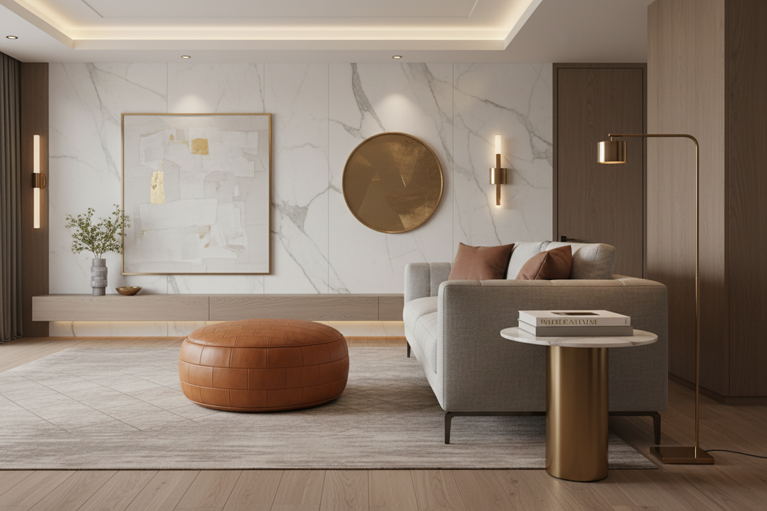 Moroccan leather pouf in a minimalist small apartment lounge