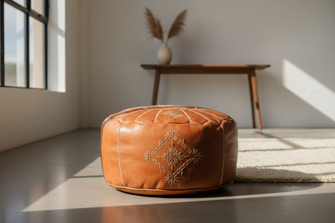 Genuine Moroccan leather pouf in cognac tan with hand-stitched geometric patterns