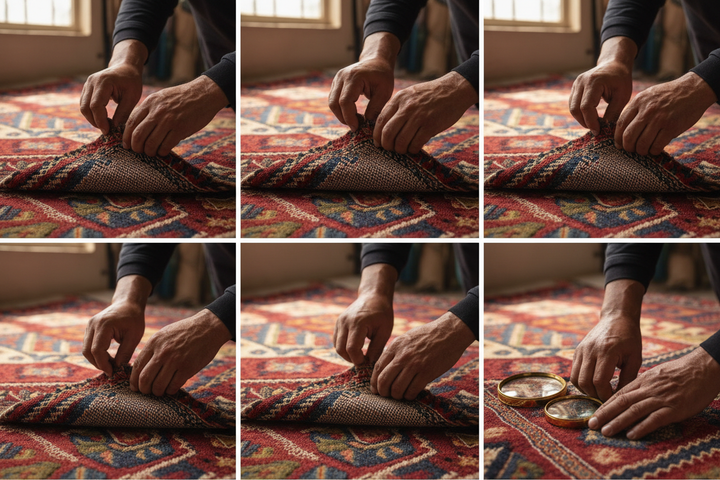 Hands examining back weave and knot density of a Moroccan kilim rug