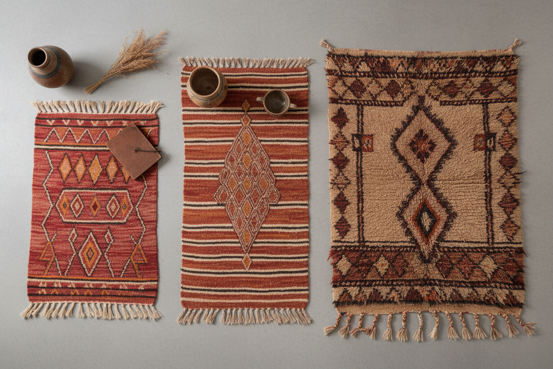 Hand-woven Moroccan rugs in various price tiers showing kilim patterns and natural wool textures