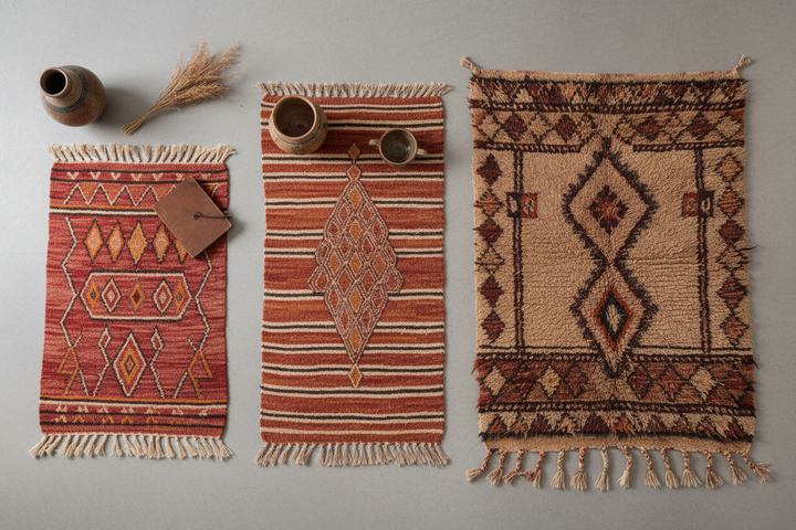 Hand-woven Moroccan rugs in various price tiers showing kilim patterns and natural wool textures