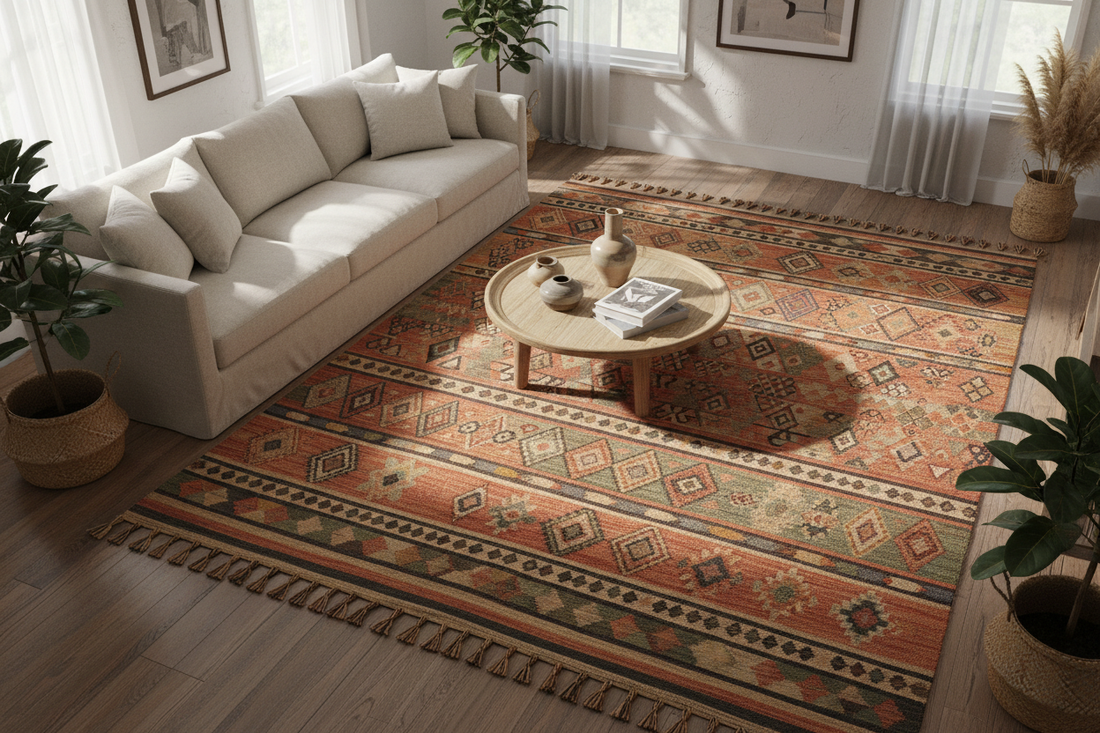 Large 3x2 metre Moroccan kilim rug in a living room showing scale relative to furniture