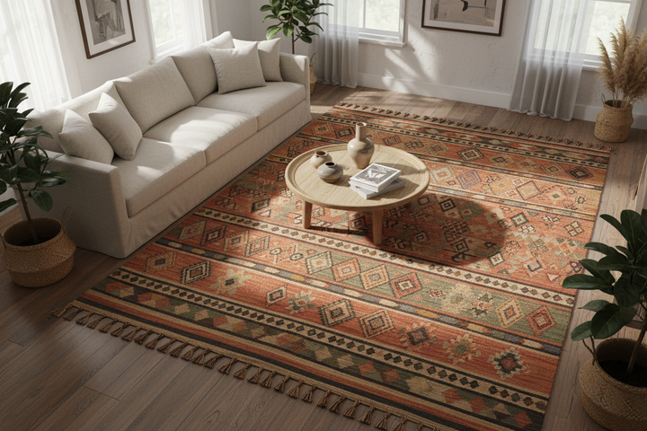 Large 3x2 metre Moroccan kilim rug in a living room showing scale relative to furniture