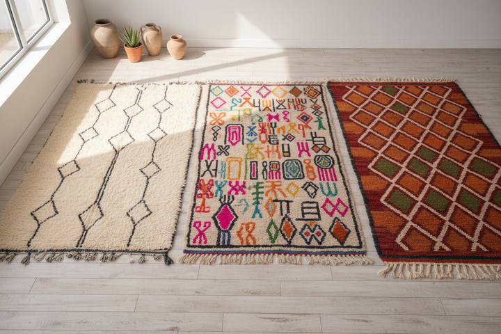 Three Moroccan rug styles side by side — Beni Ourain, Azilal, and flat-woven kilim
