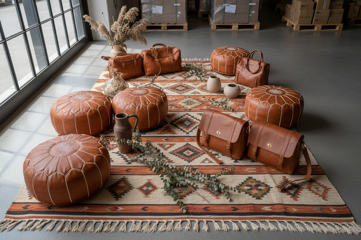 Wholesale Moroccan leather poufs, kilim rugs and leather bags arranged in a premium editorial flat lay for trade buyers