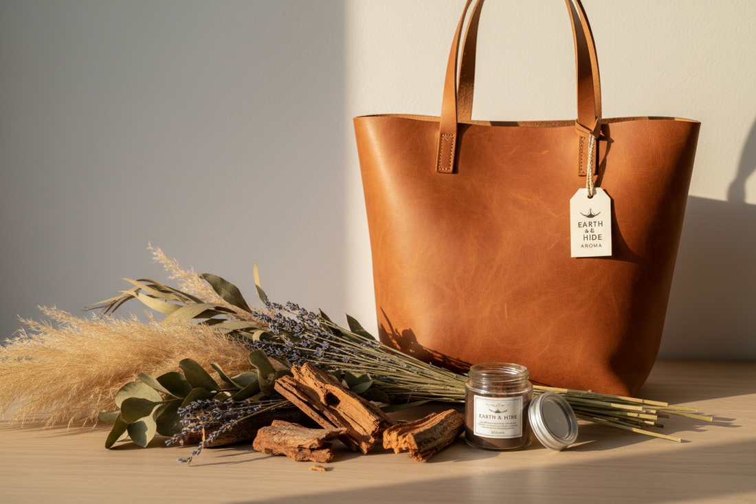 New full-grain leather bag with dried botanicals and natural tannin bark