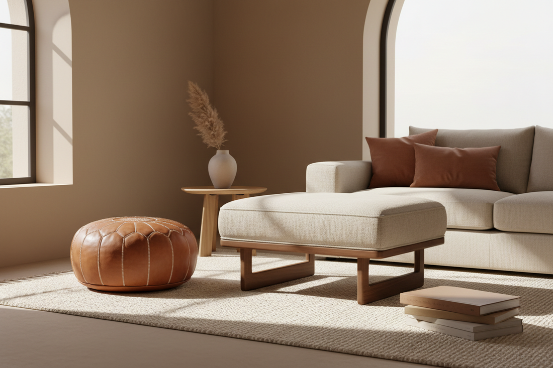 Moroccan leather pouf next to a structured ottoman in a minimal living room