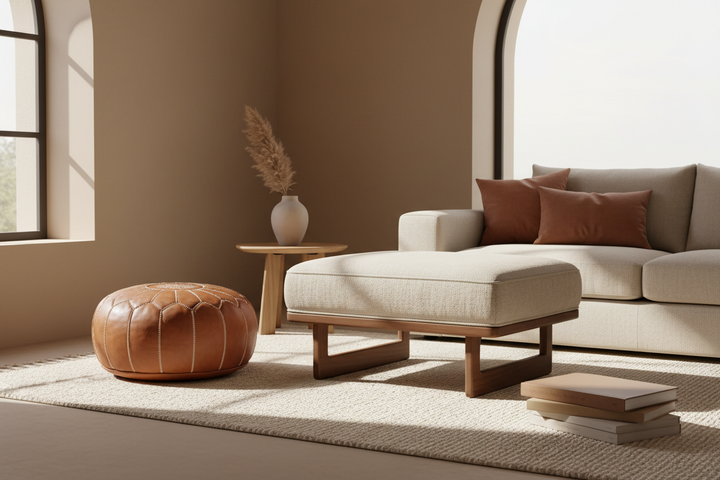 Moroccan leather pouf next to a structured ottoman in a minimal living room