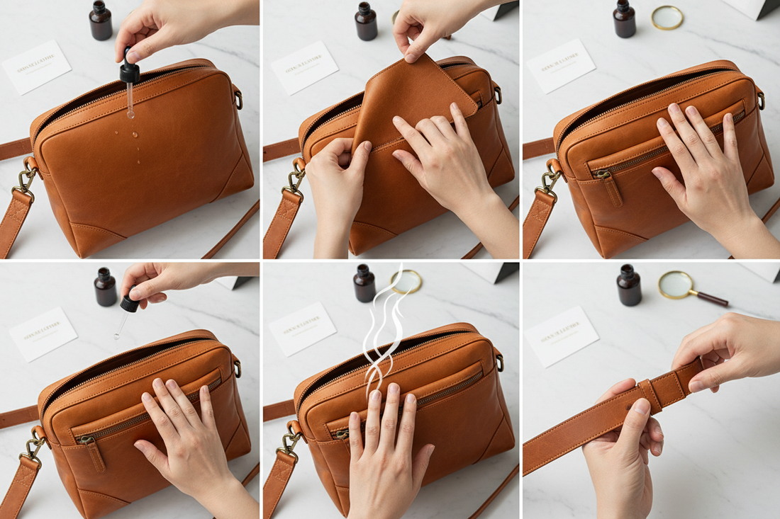 Hands performing water drop and bend tests on genuine full-grain leather bag