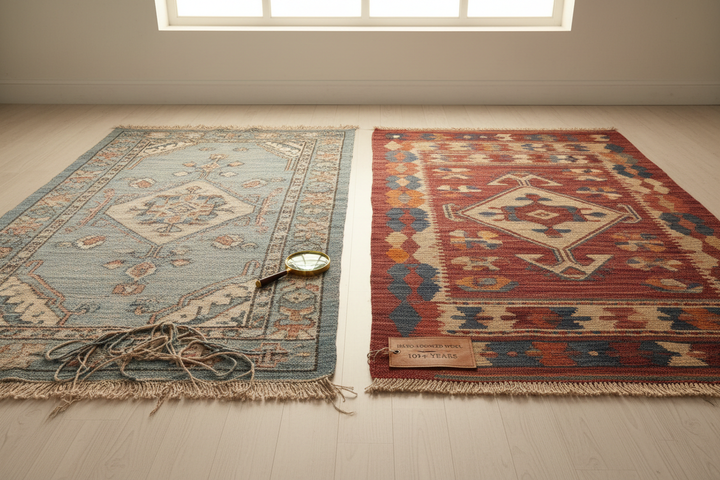 Worn synthetic rug compared to pristine aged hand-woven wool kilim showing durability difference