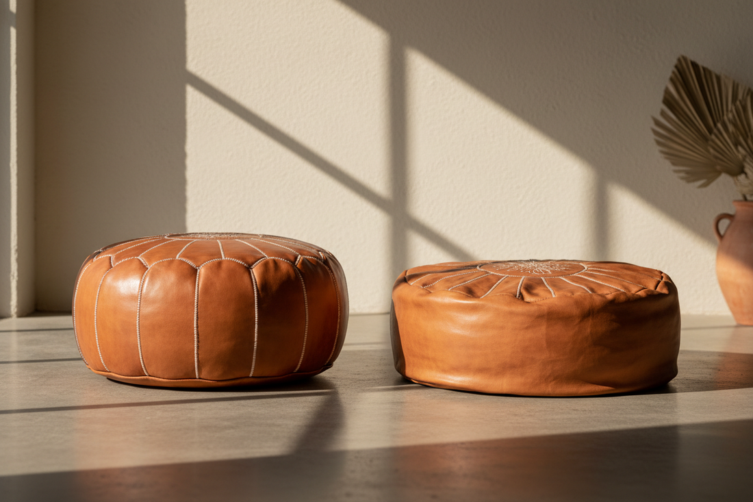 Stuffed and unstuffed Moroccan leather poufs side by side showing shape difference