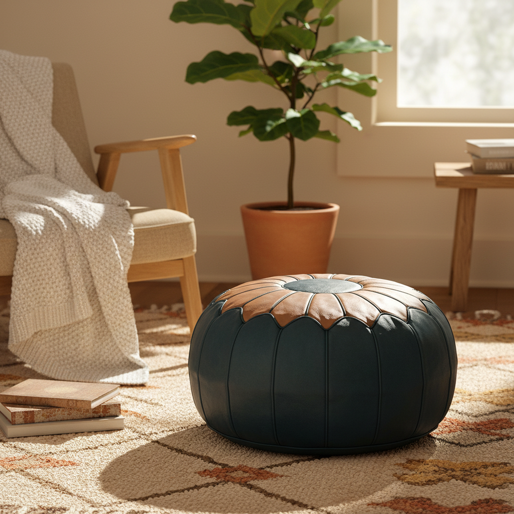 Styled Moroccan-inspired interior with leather pouf, kilim rug and artisan accessories