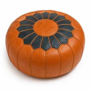 Moroccan Leather Pouf – Cognac & Dark Green | Handmade in Marrakech