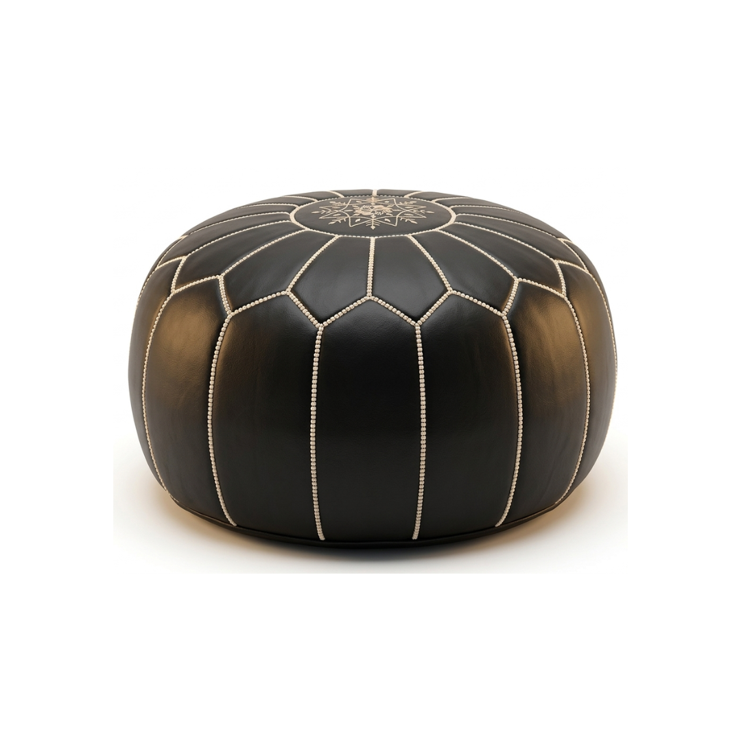 Moroccan Leather Pouf – Interlaced Border Stitching