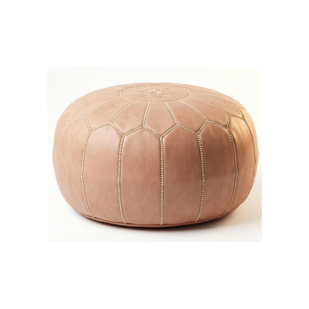 Moroccan Leather Pouf – Sunflower Crown Motif