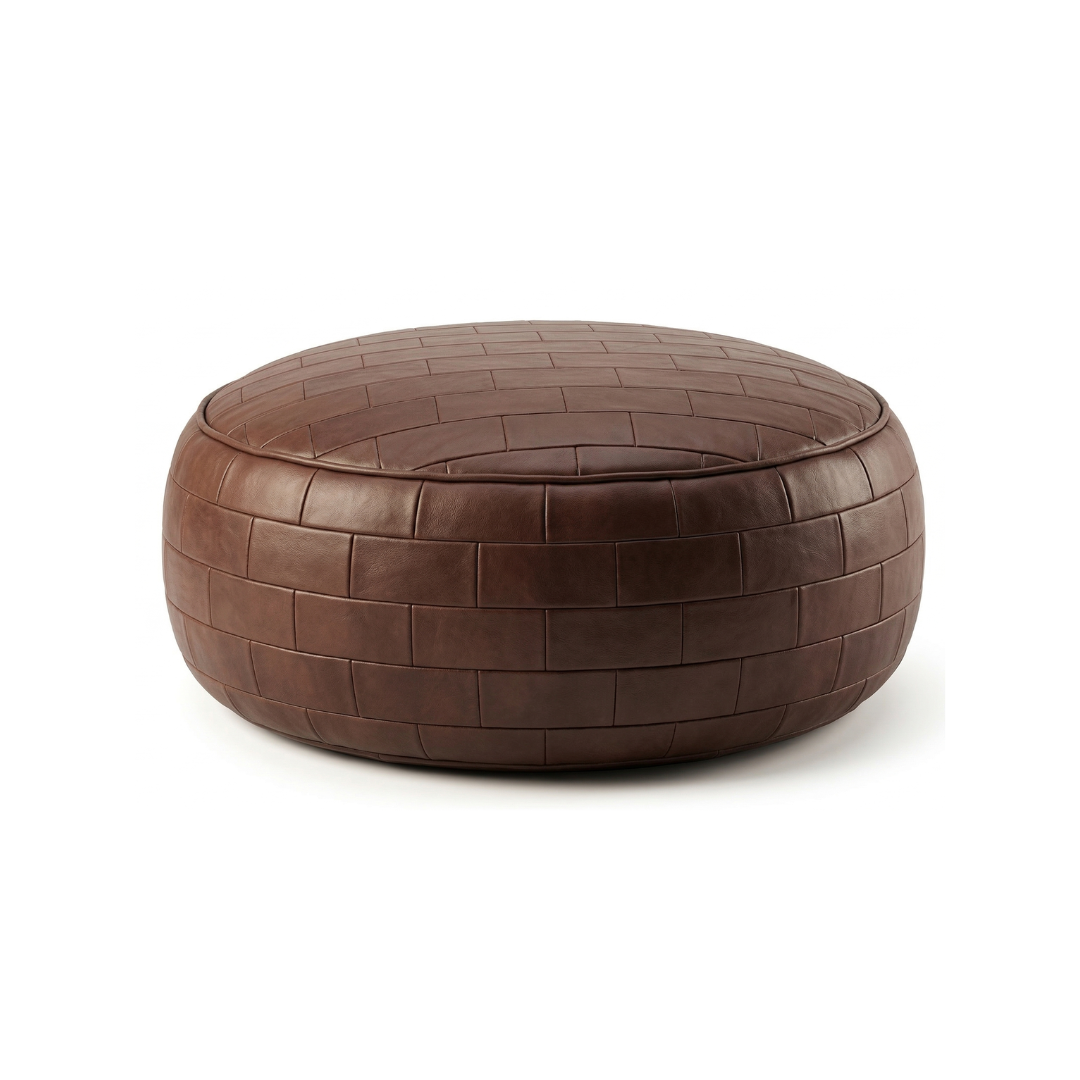 Handstitched Moroccan Leather Pouf – Braided Edge Detail