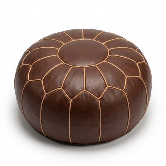 Moroccan Leather Pouf – Dark Brown & Cream | Handmade in Marrakech