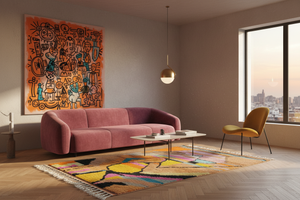 Abstract rug in Moooi pink Gubi mustard living room