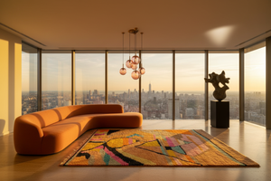 Abstract rug in travertine golden hour penthouse