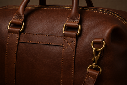 Close-up detail of brass fittings and leather