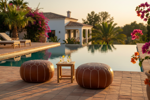 Cognac Moroccan Leather Pouf – Mediterranean Pool Scene