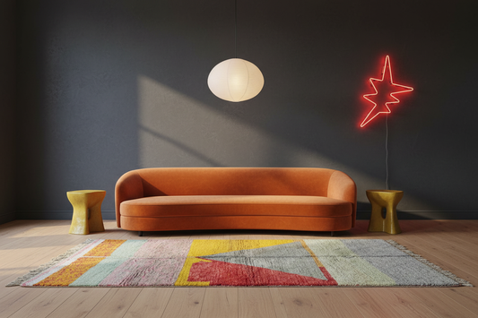 Color-block rug in charcoal terracotta art studio