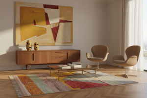 Color-block rug in mid-century walnut art room