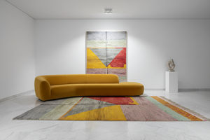 Color-block rug in mustard marble gallery living room