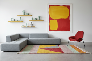 Color-block rug in Rothko grey red art space