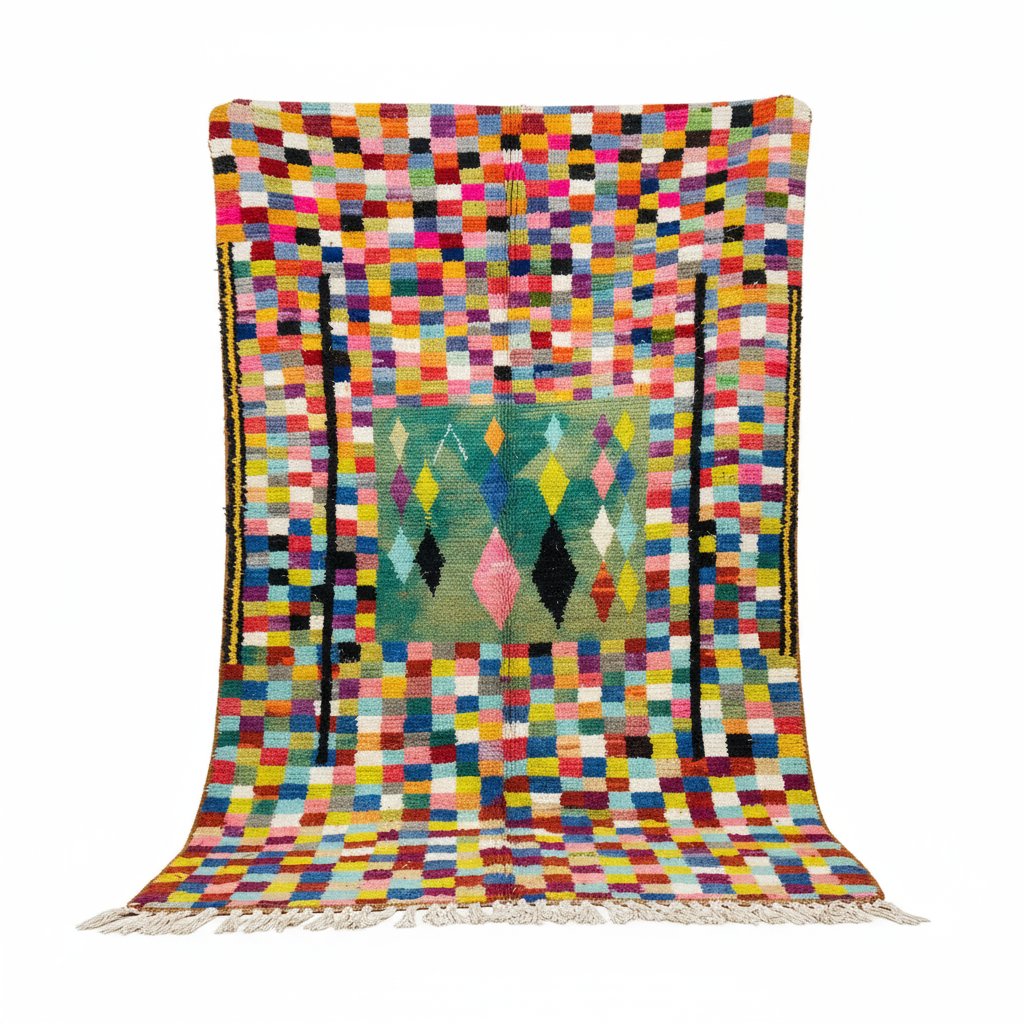 Colorful checkered Moroccan rug with background removed