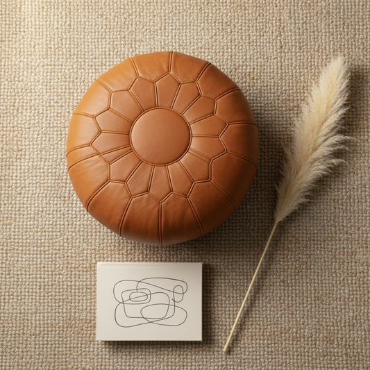Flat lay of Moroccan leather pouf