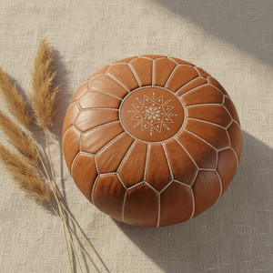 Flat lay of Moroccan leather pouf