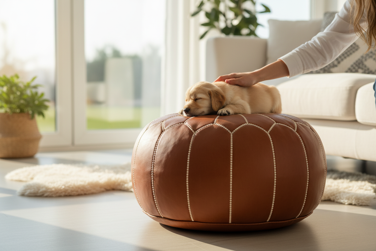 Golden Retriever Puppy on Moroccan Leather Pouf