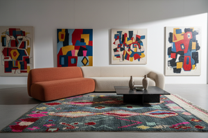 Moroccan Kilim Rug — Sculptural Sofa Scene
