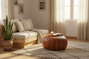 Moroccan leather pouf in cozy living room setting