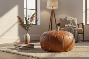 Moroccan leather pouf in warm reading nook