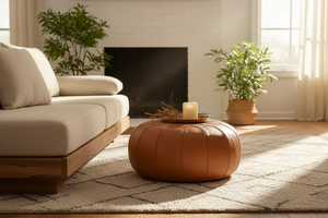 Moroccan leather pouf styled in cozy living room