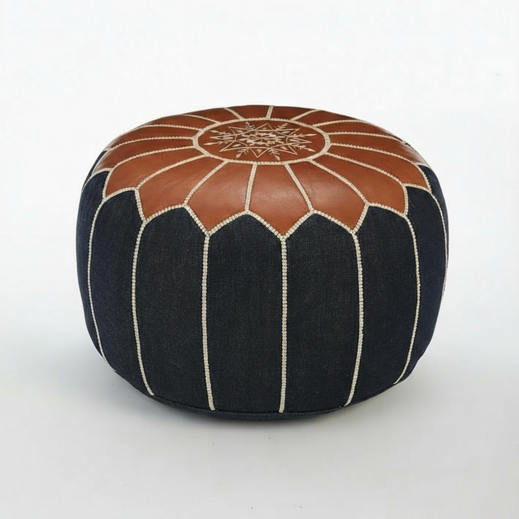 Pouf marocchino in pelle fatto a mano – Cucitura "corona" a raggiera