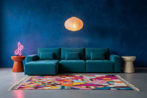 Multicolor rug in cobalt blue neon art living room